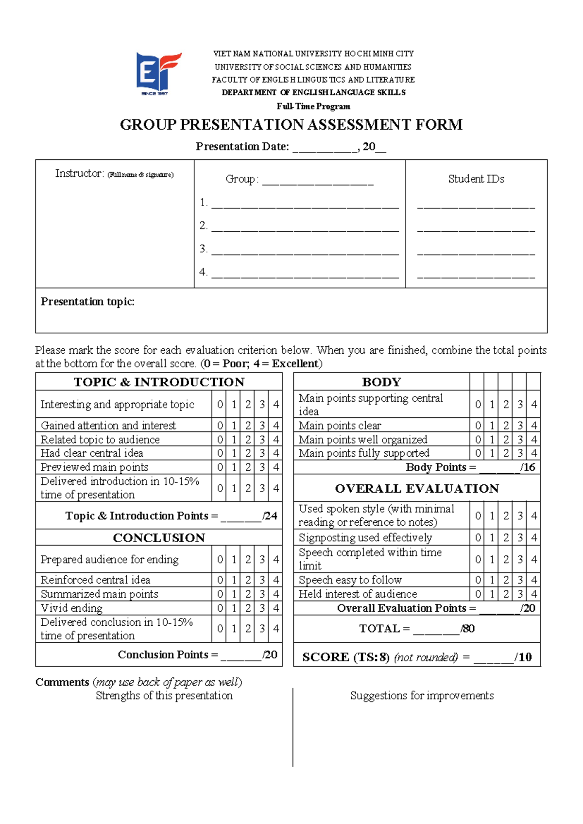 FT - Group Presentation Assessment Form and Evaluation Criteria - Studocu