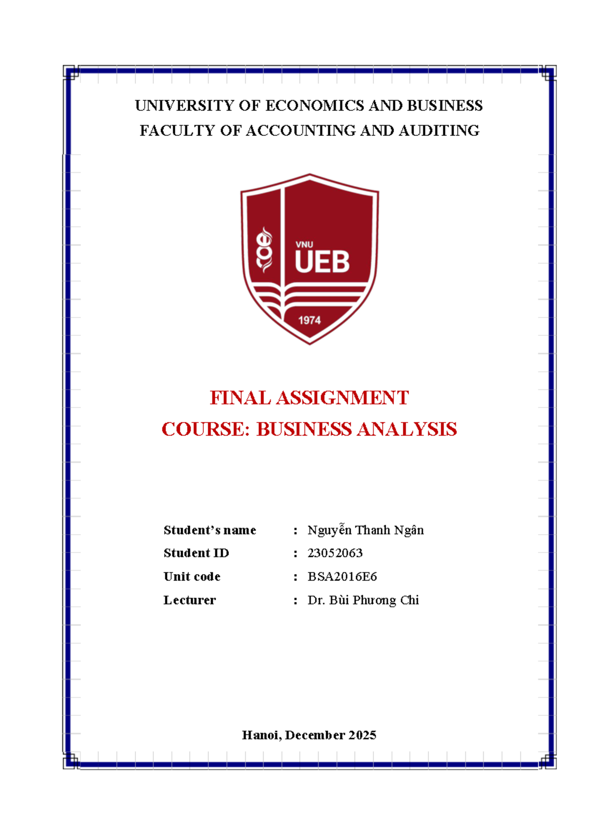 BSA2016E6 Final Assignment: Business Analysis Case Studies - Studocu