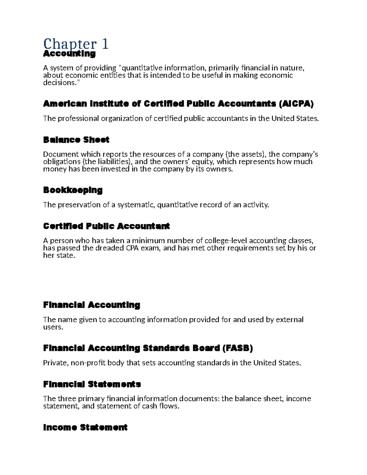 Chapter 1-9 Accounting Definitions Flashcards (AICPA) - Studocu