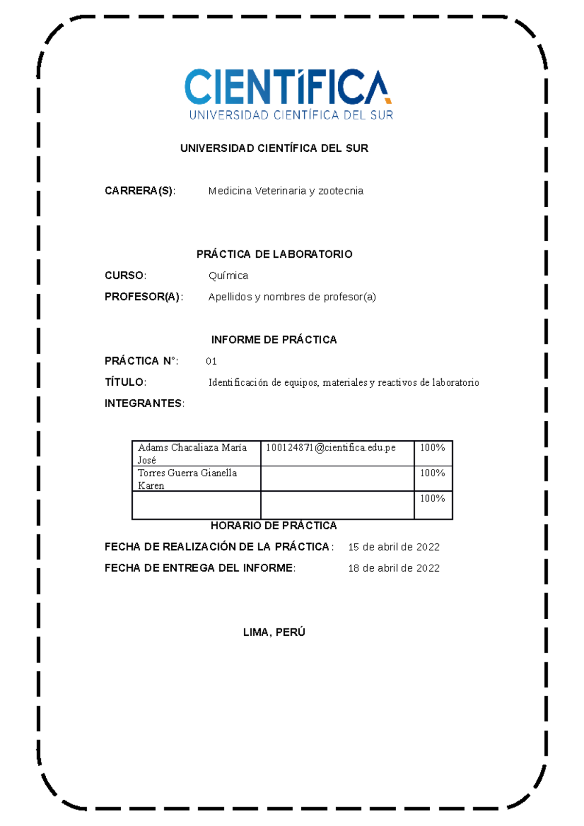 Informe 1 - Química: Equipos, Materiales y Reactivos de Laboratorio ...
