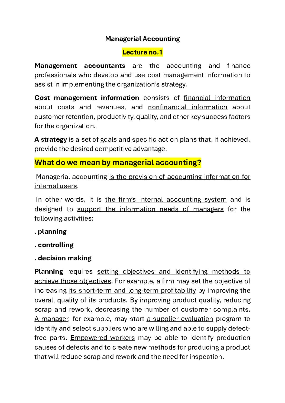 Managerial Accounting Lecture 1: Key Concepts and Cost Management - Studocu