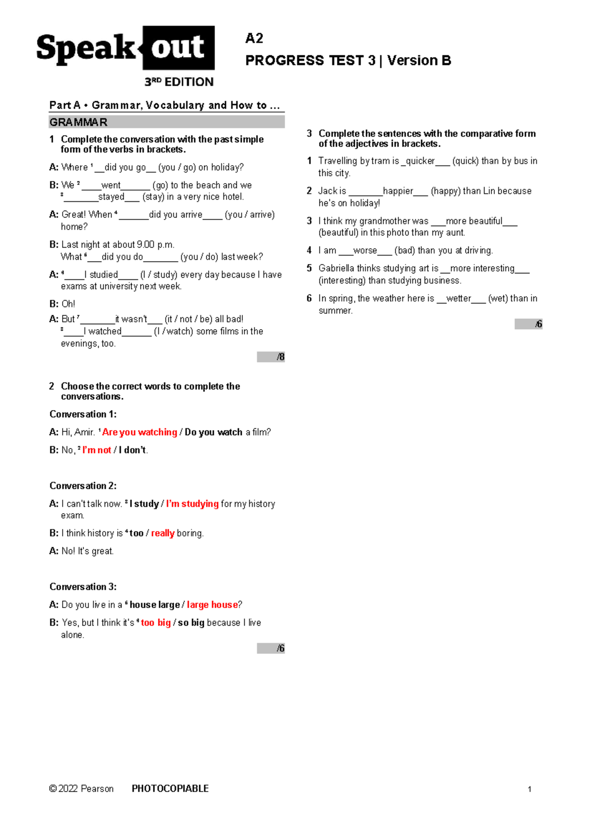 SO3 A2 Progress Test 3B - Grammar, Vocabulary, Listening & Reading ...