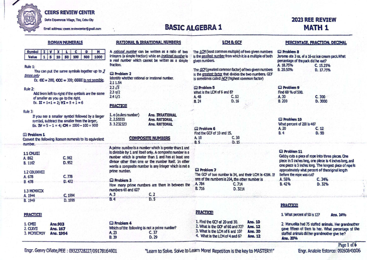 BASIC ALGEBRA 1 MATH 1 REVIEW NOTES AND PRACTICE EXERCISES - Studocu
