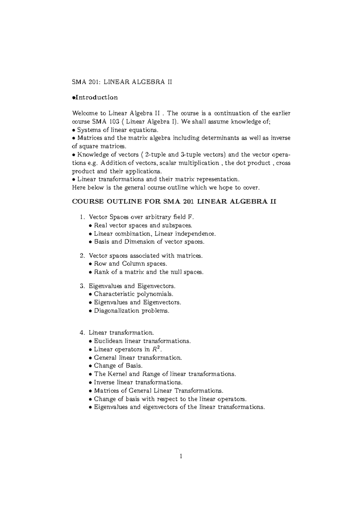 SMA 201 - Linear Algebra II: Key Concepts and Course Outline Notes ...