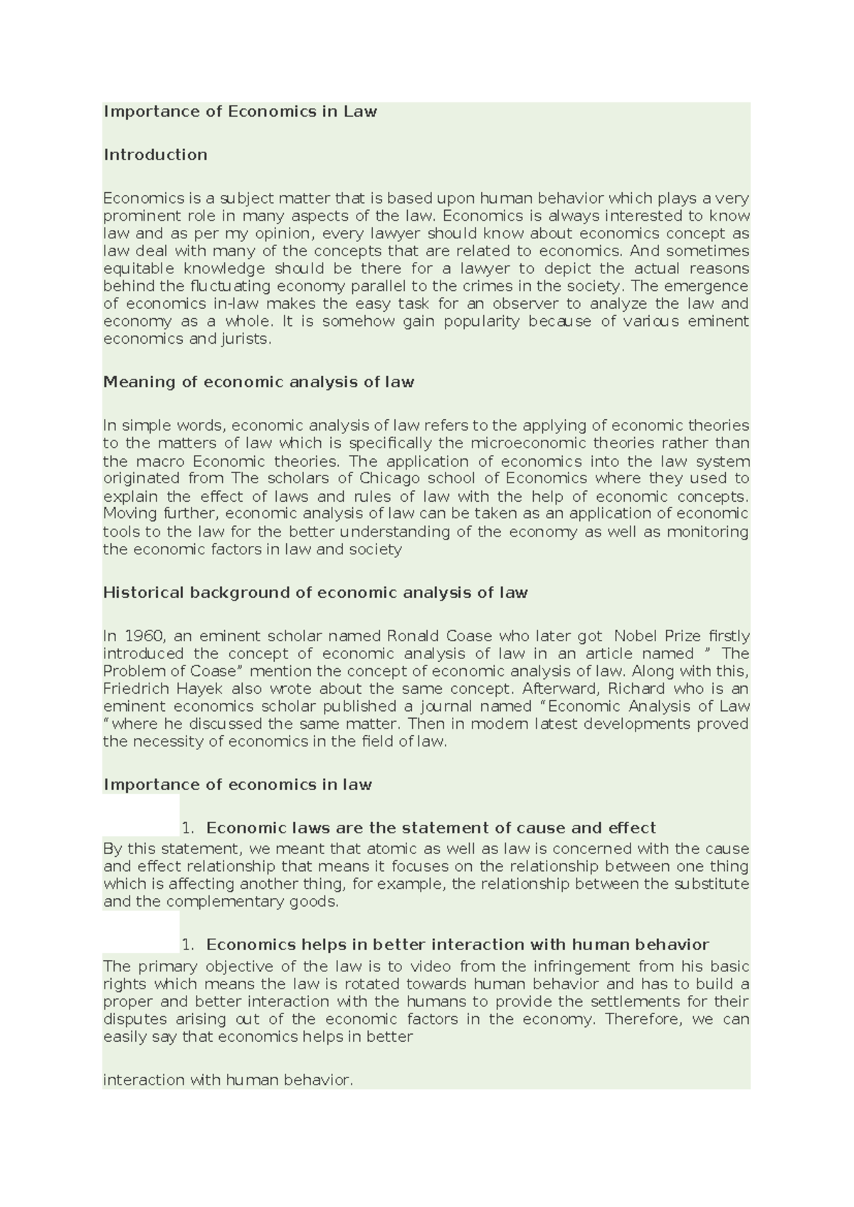 The Role of Economics in Law: An Analytical Overview - Studocu