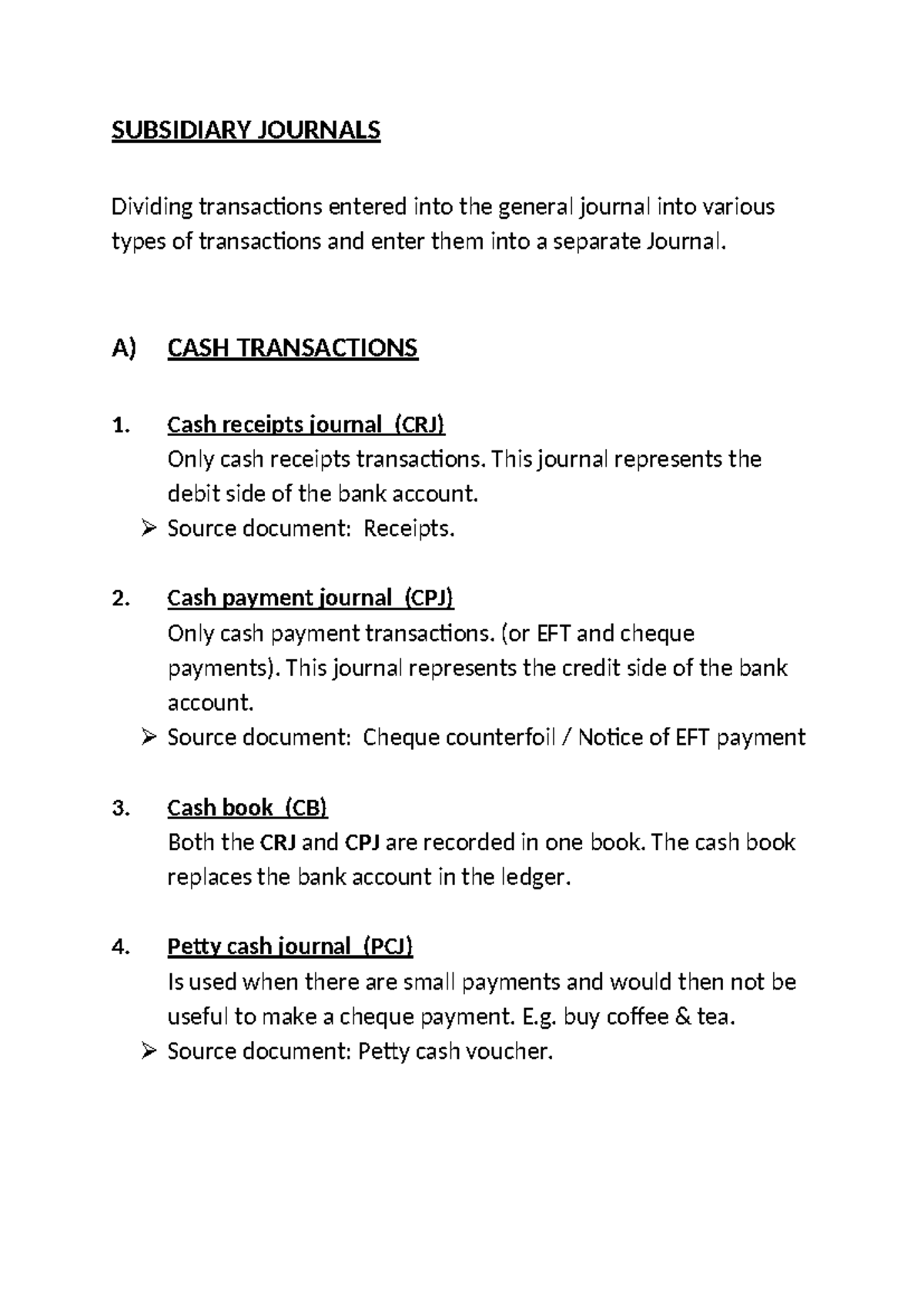 Subsidiary Journals - Notes on Cash and Credit Transactions - Studocu