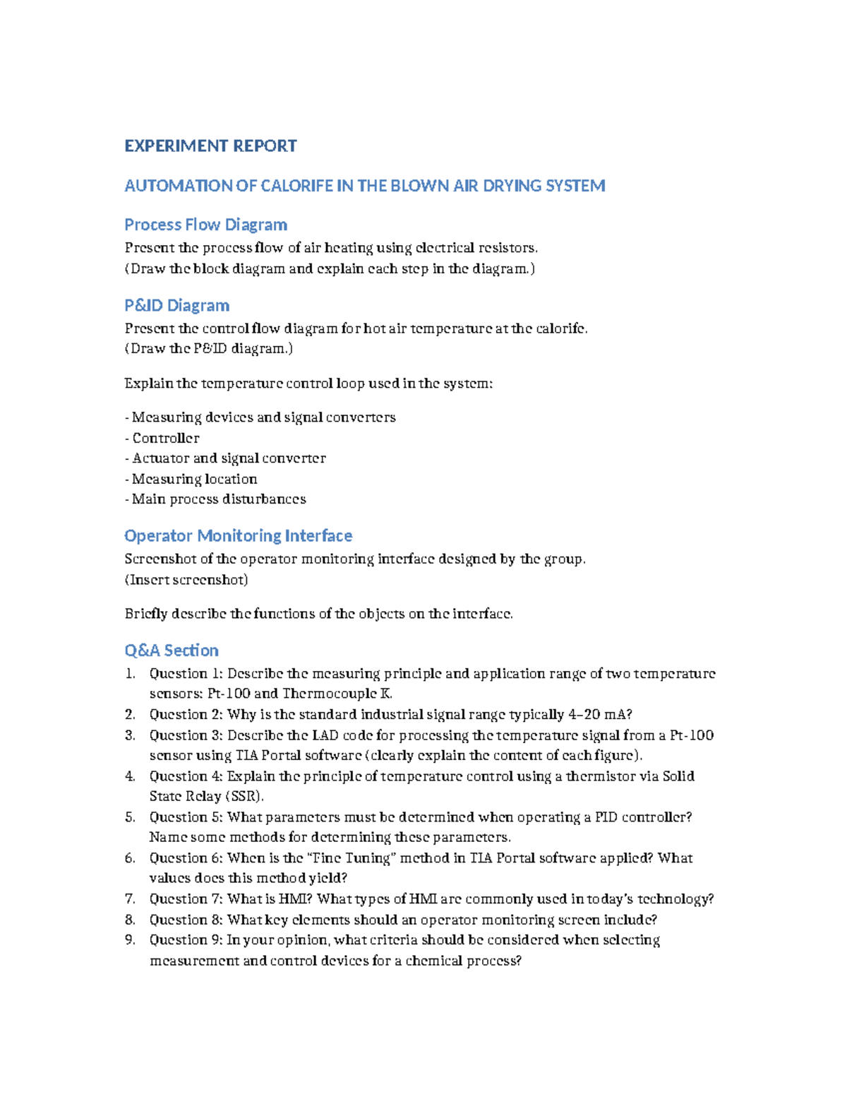 Experiment Report: Automation of Calorife in Air Drying System EN - Studocu