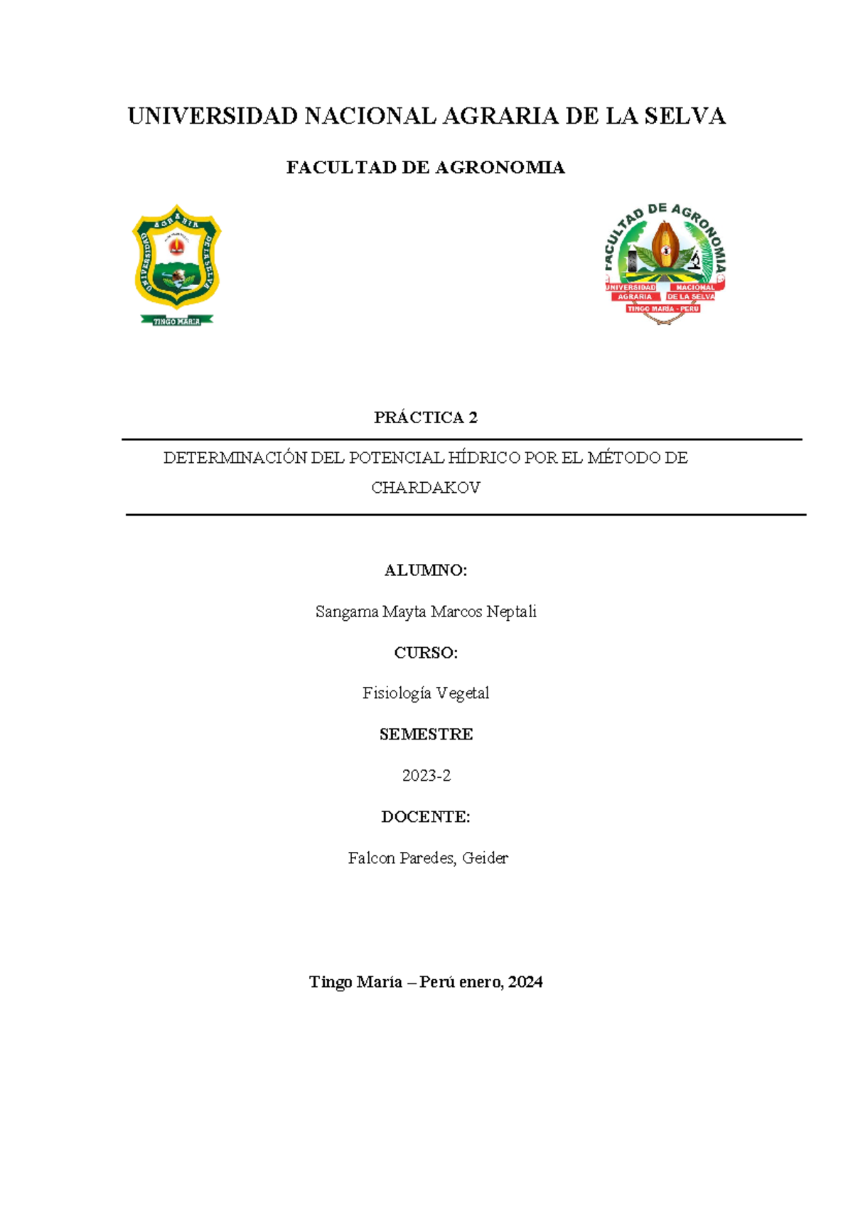 Informe 2 - Fisiología Vegetal: Determinación Potencial Hídrico Método ...