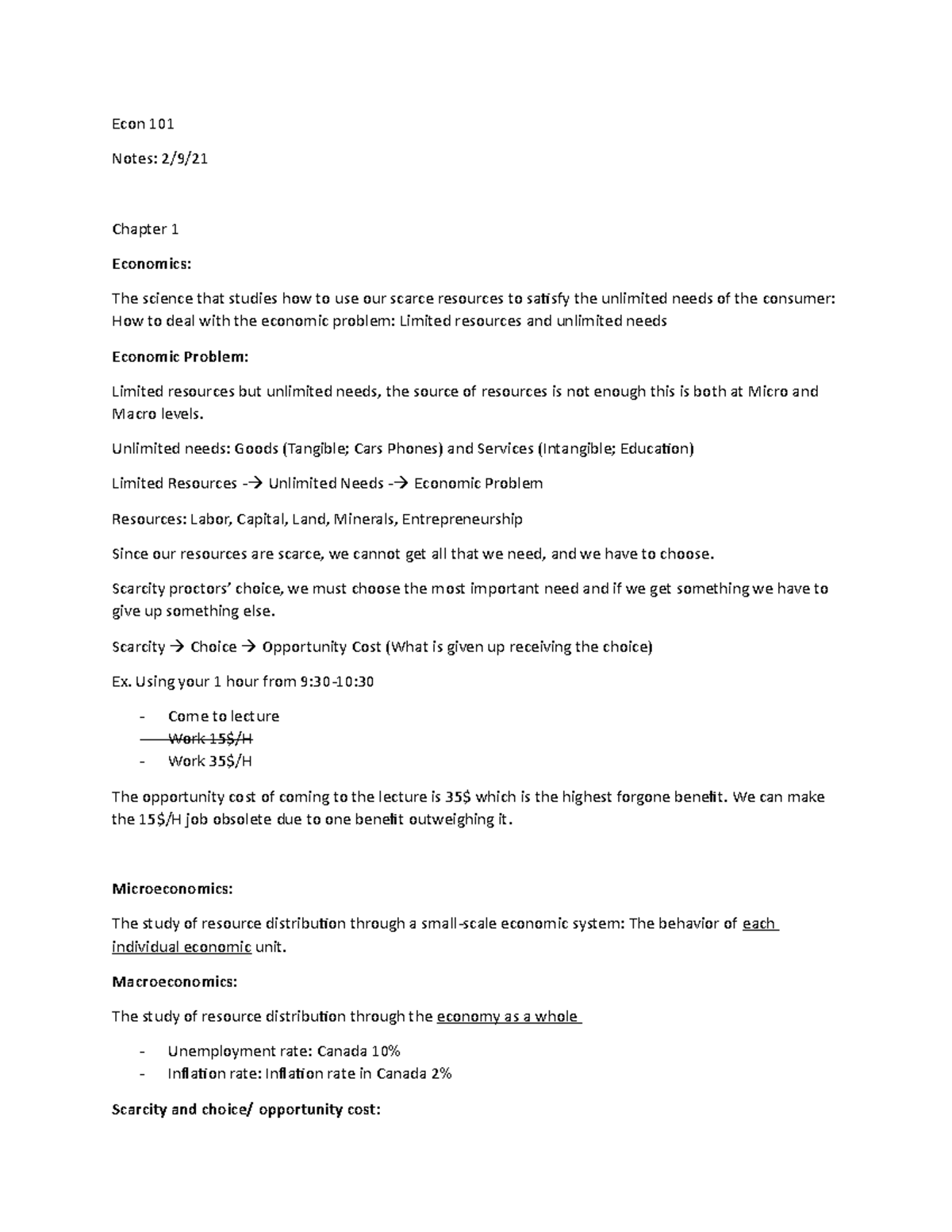 Econ 101 - brief notes on Econ 101 - Econ 101 Notes: 2/9/ Chapter 1 ...