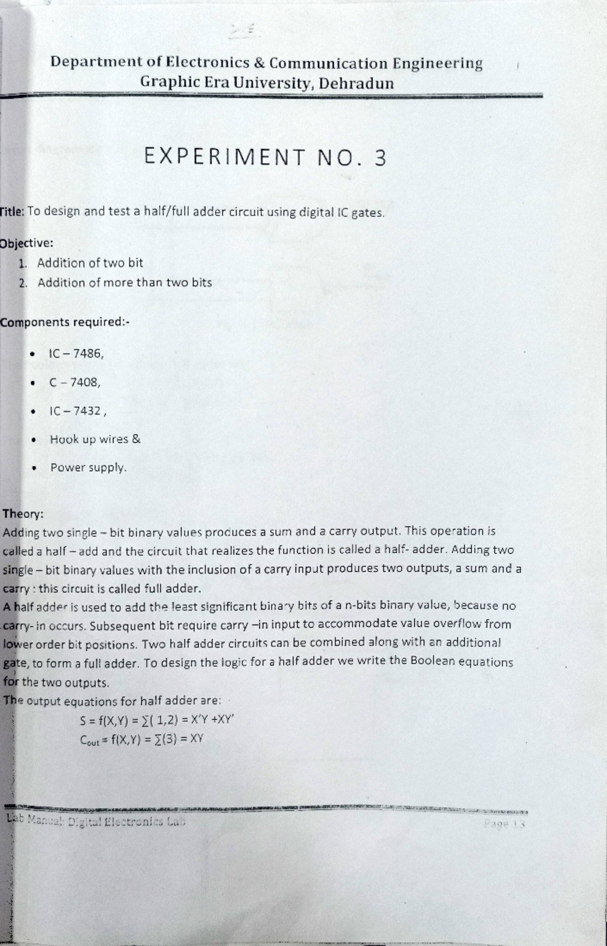 Logic Design Lab Exp-2: Half and Full Adder Circuit Notes - Studocu