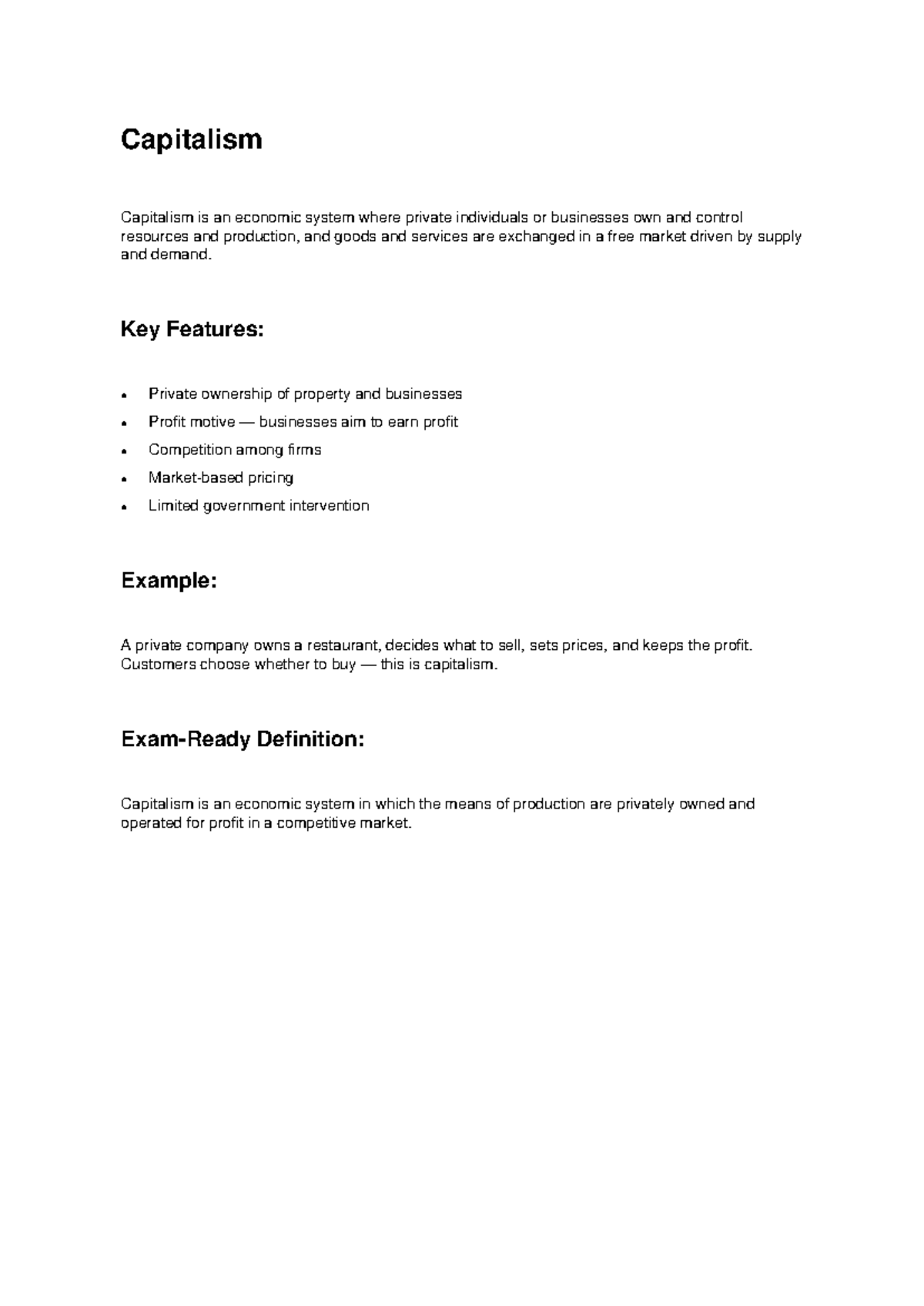 Capitalism: Definition and Key Features Explained F - Studocu