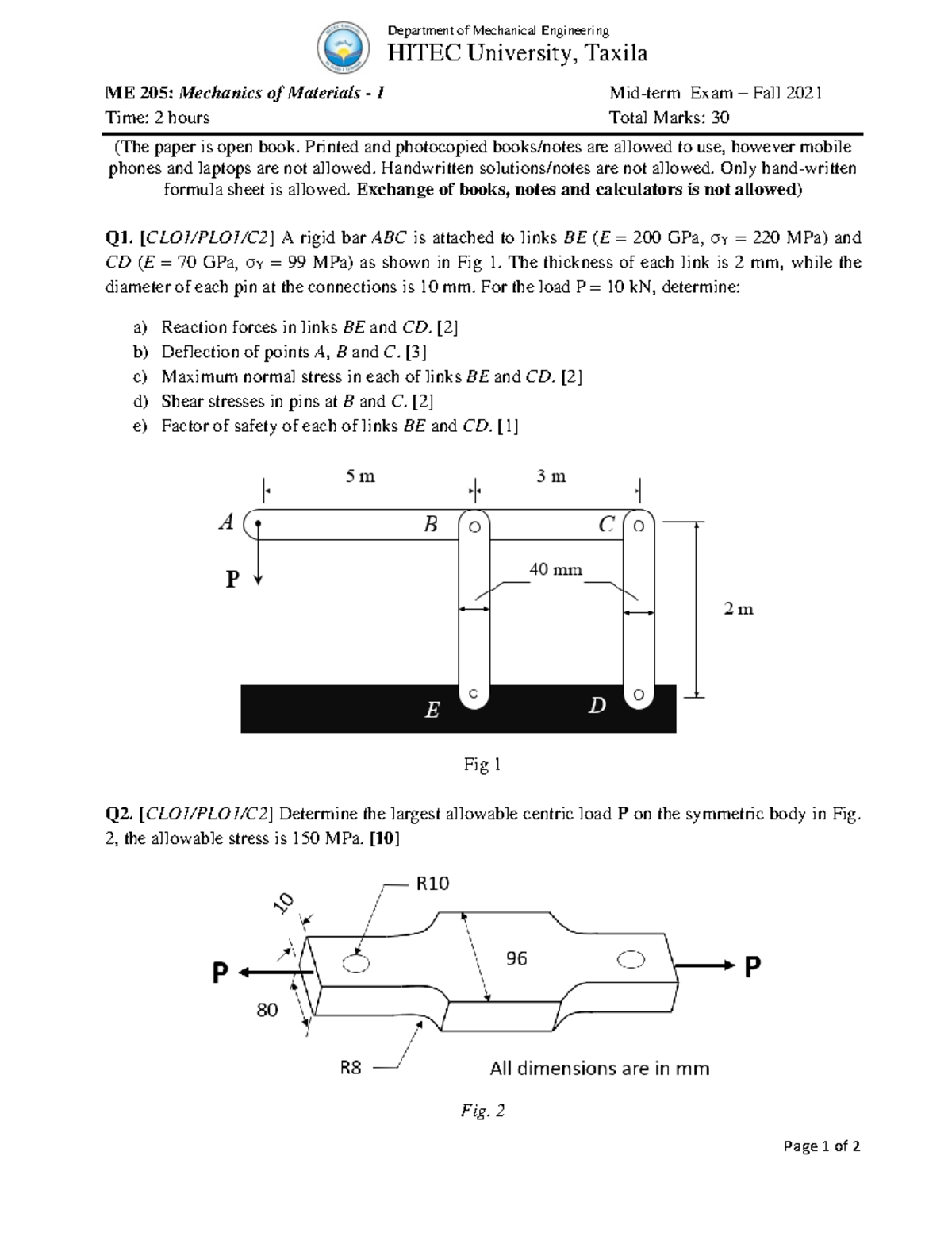 Midterm Exam ME 205: Mechanics of Materials I - Fall 2021 - Studocu