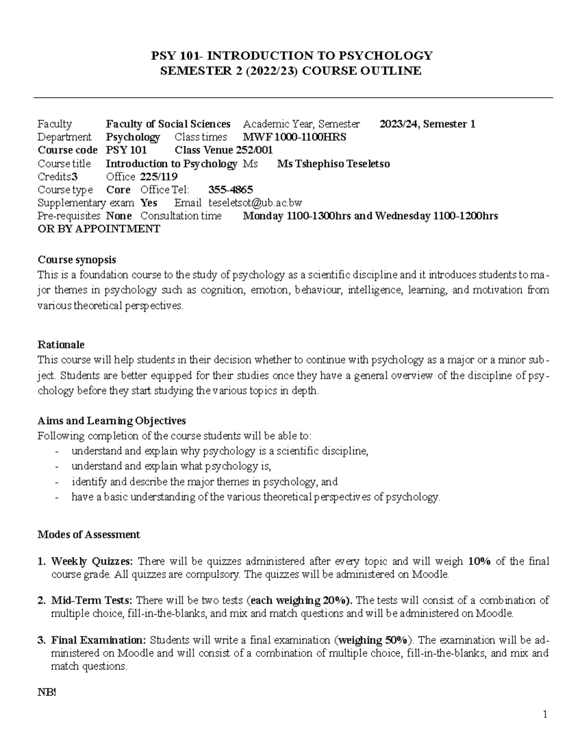 PSY 101 Course Outline for Intro to Psychology - Semester 1 2024/25 ...