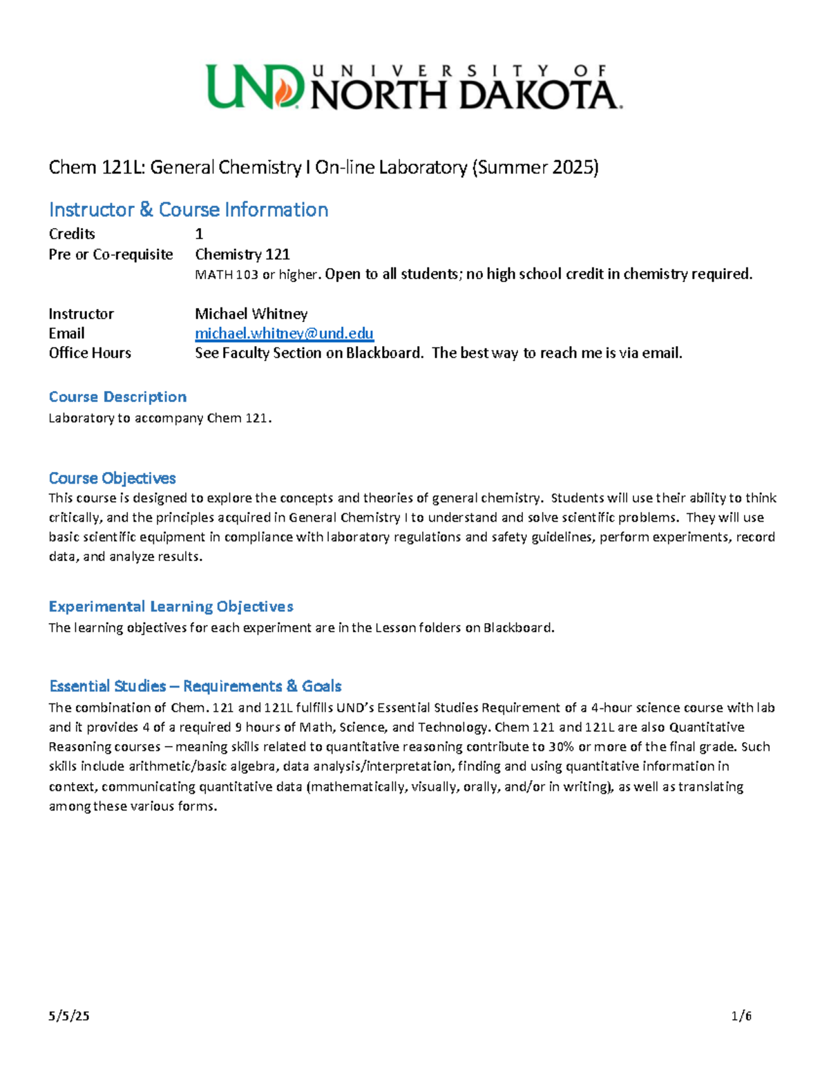Chem 121L: General Chemistry I Lab Syllabus (Summer 2025) - Studocu