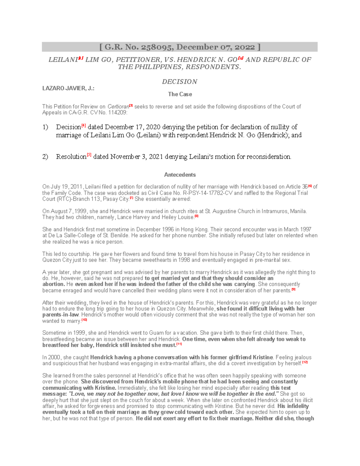 G.R. No. 258095: Decision on the Nullity of Marriage Case Go vs. Go ...