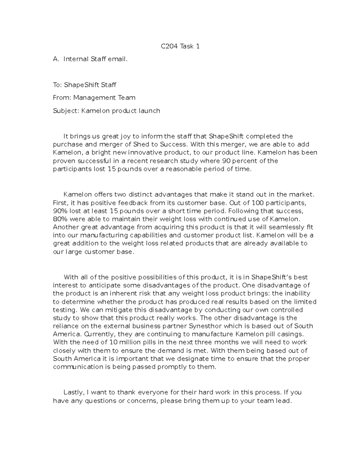 C204 Task 1 - n/a - C204 Task 1 A. Internal Staff email. To: ShapeShift ...