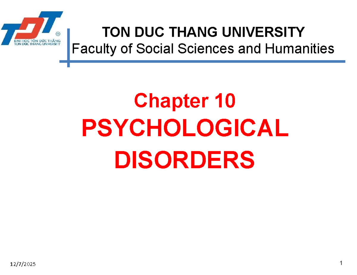 Chapter 10 - PSYCHOLOGICAL DISORDERS (PSY 101) Overview and Key ...