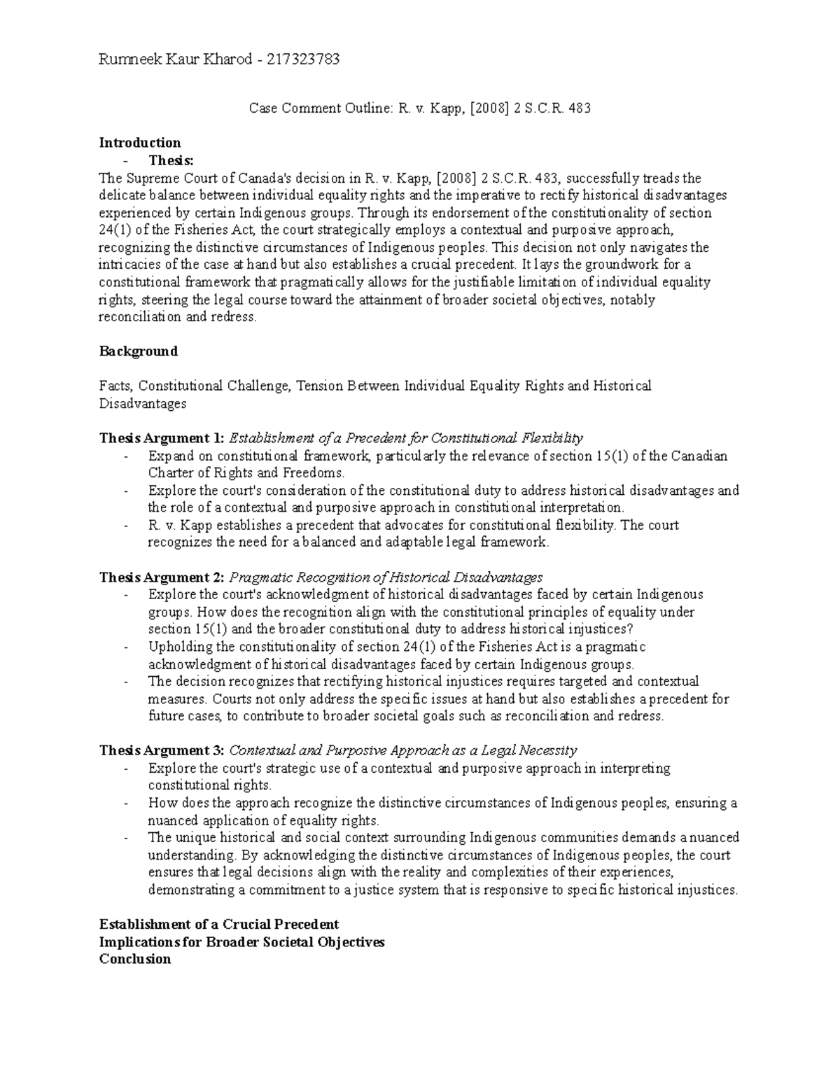 Case Comment Outline - R V. Kapp [2008] 2 S.C.R. 483 Analysis - Studocu