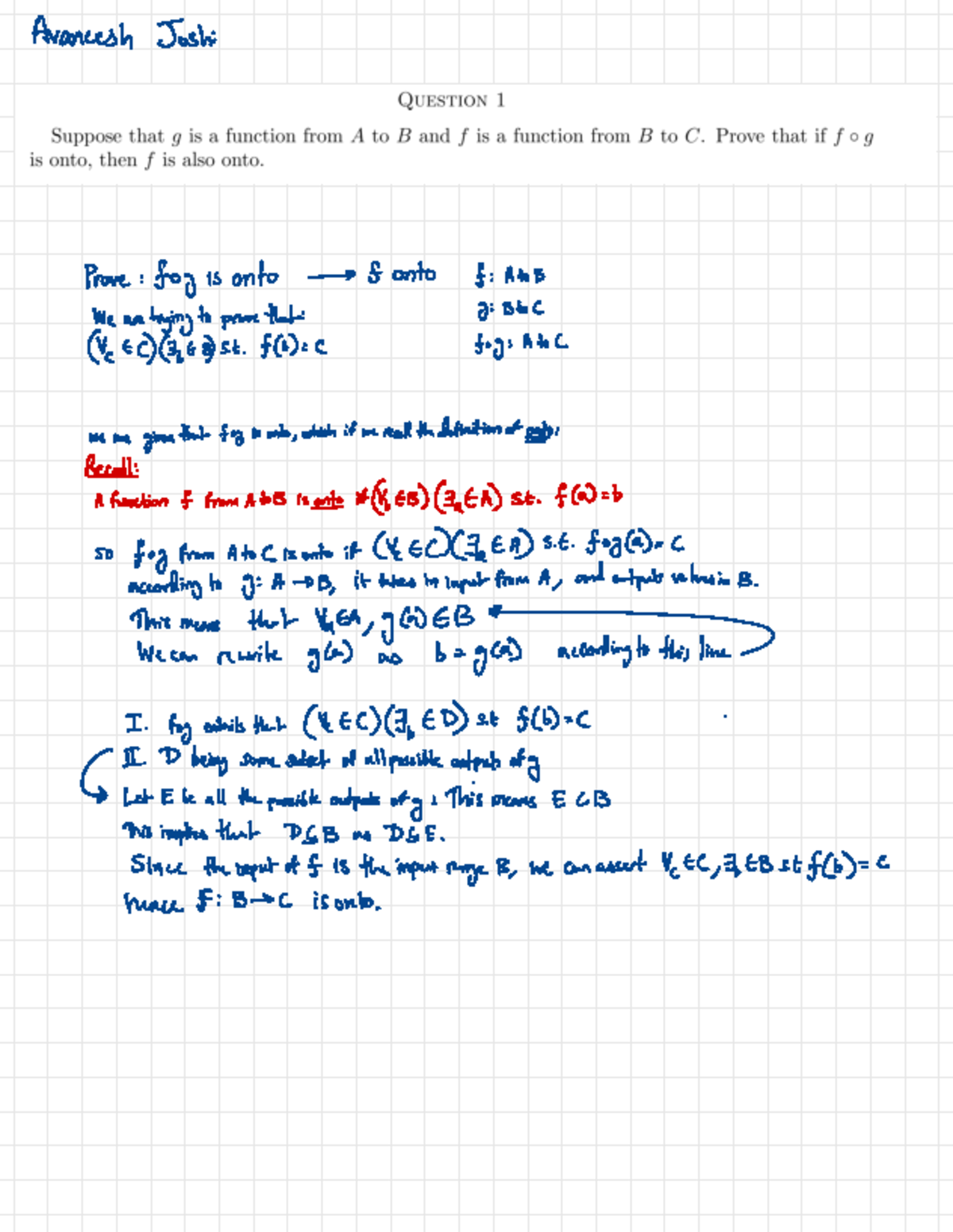 Quiz 3 MATH 55 Discrete Math - Avaneesh Joshi Prove : fog is onto - > f ...