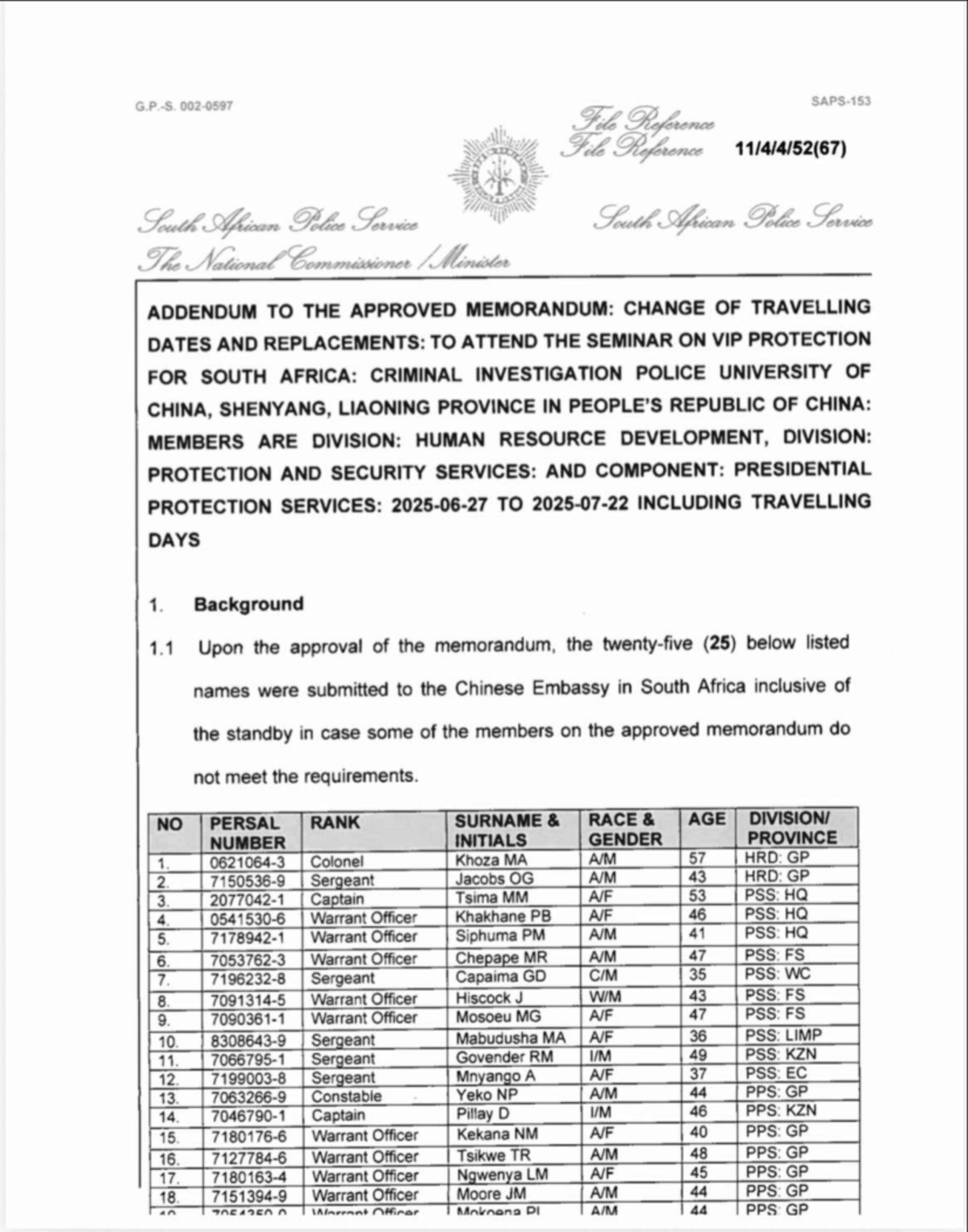 Addendum to Approved Memo: Change of Travel Dates for VIP Protection ...
