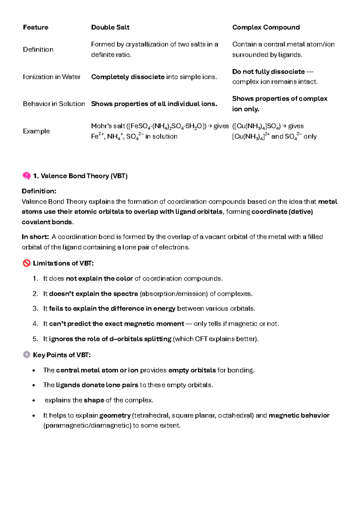 Chemistry 101: Double Salt Complex & Valence Bond Theory Notes - Studocu