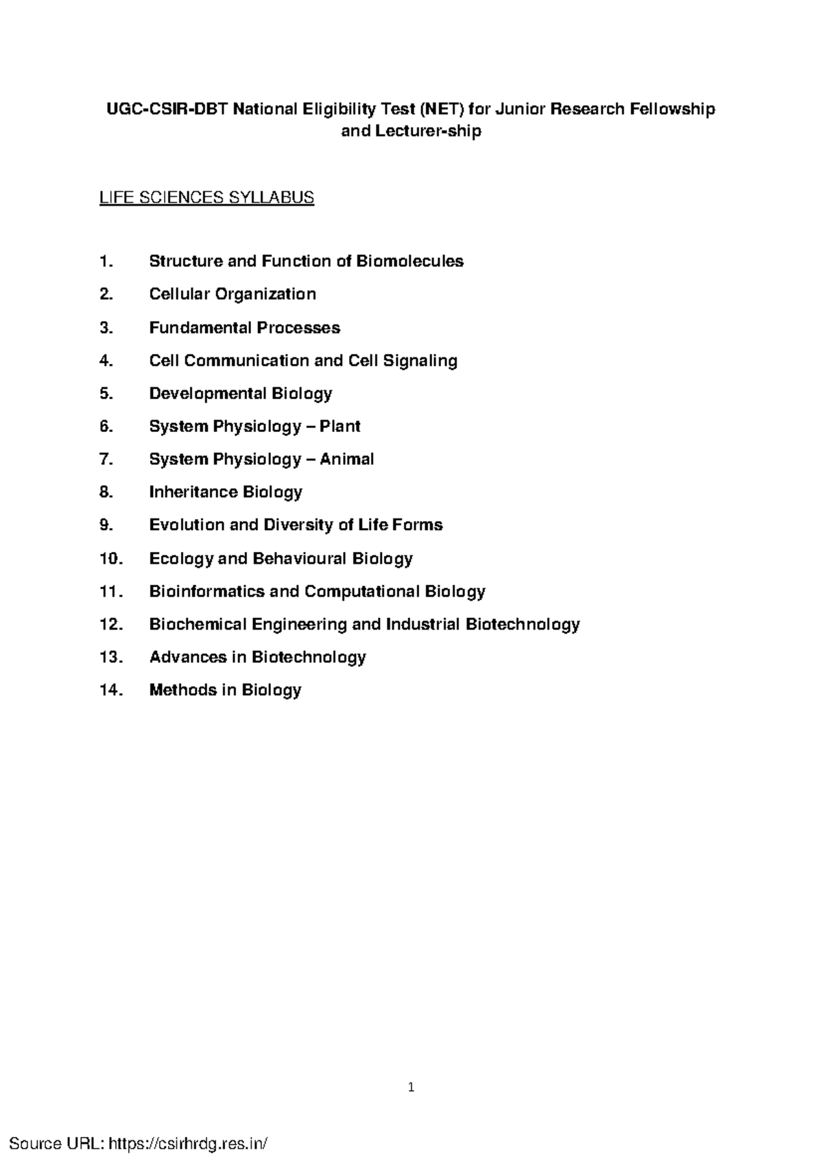 Proposed Revised Syllabus for NET in Life Sciences & Biotechnology (LS ...