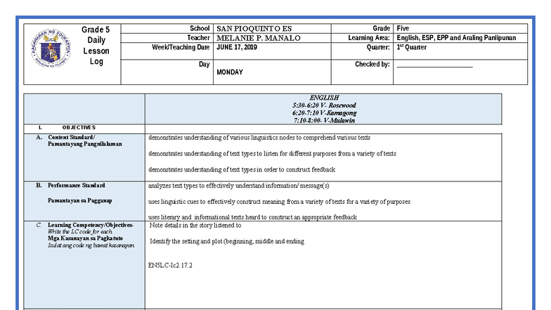 English COT Q1 Wk3 D1 - Daily Lesson Log for Grade 5 - Studocu