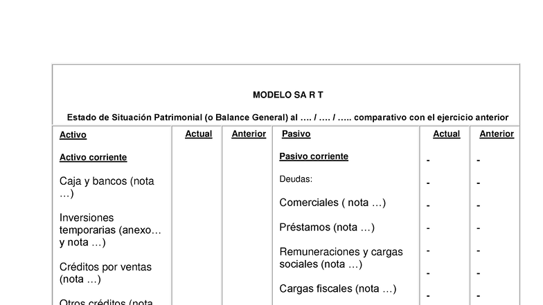 Modelo SA R T: Estado de Situación Patrimonial Comparativo - Studocu