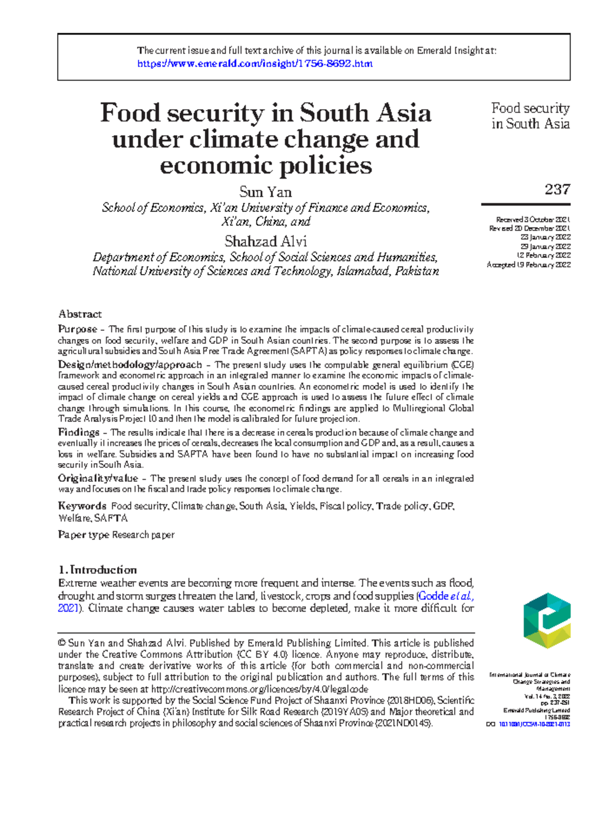 Food Security in South Asia under Climate Change & Economic Policies ...