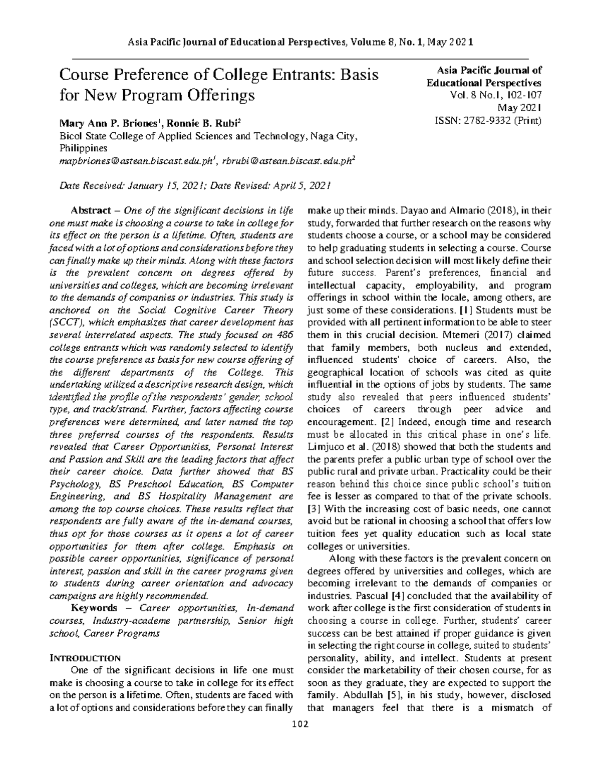 Course Preference of College Entrants: Implications for Programs - Studocu