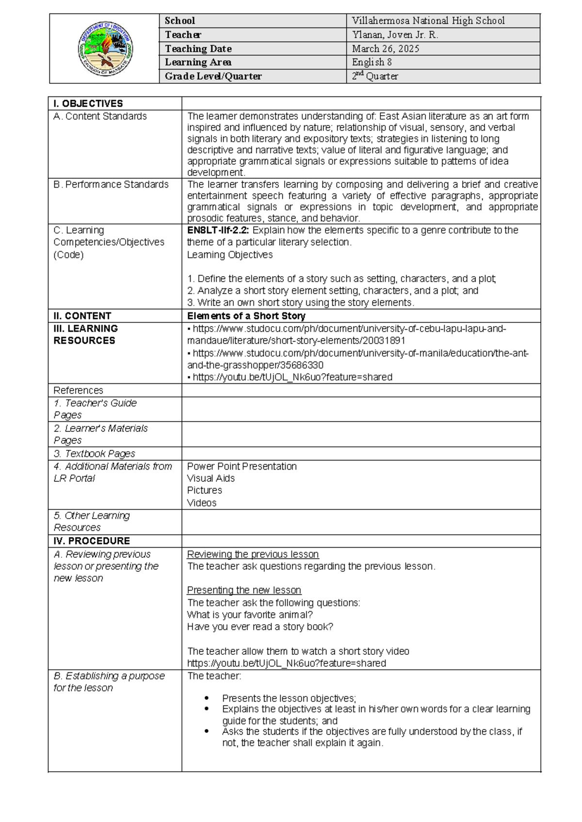 Remedial Lesson PLAN - School Villahermosa National High School Teacher ...