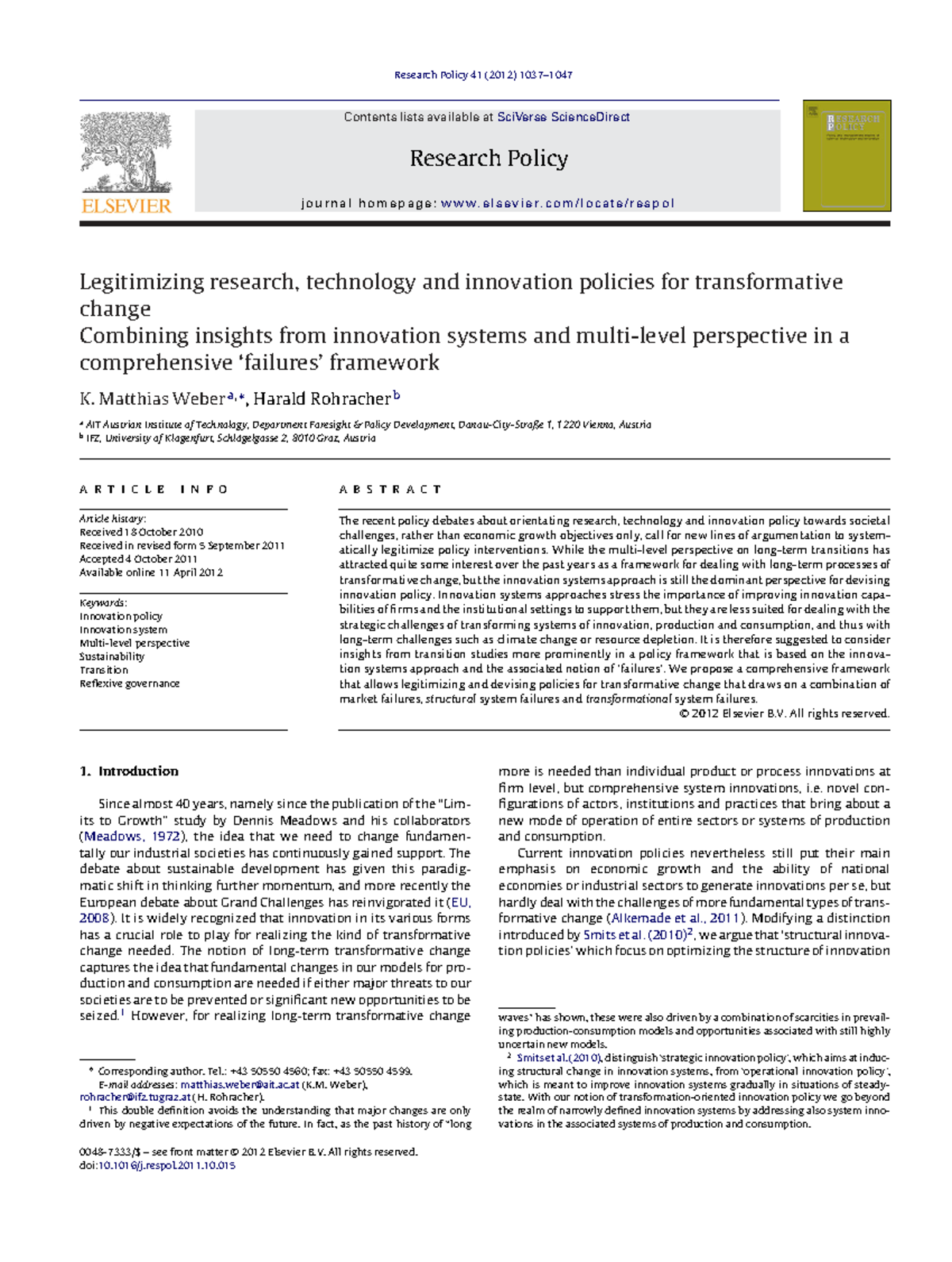 Legitimizing Innovation Policies for Transformative Change: A Framework ...