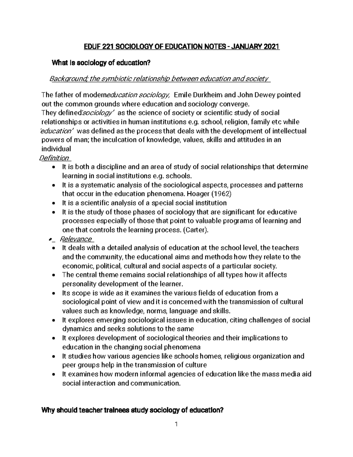 EDUF 221 Sociology of Education: Comprehensive Study Notes - Studocu