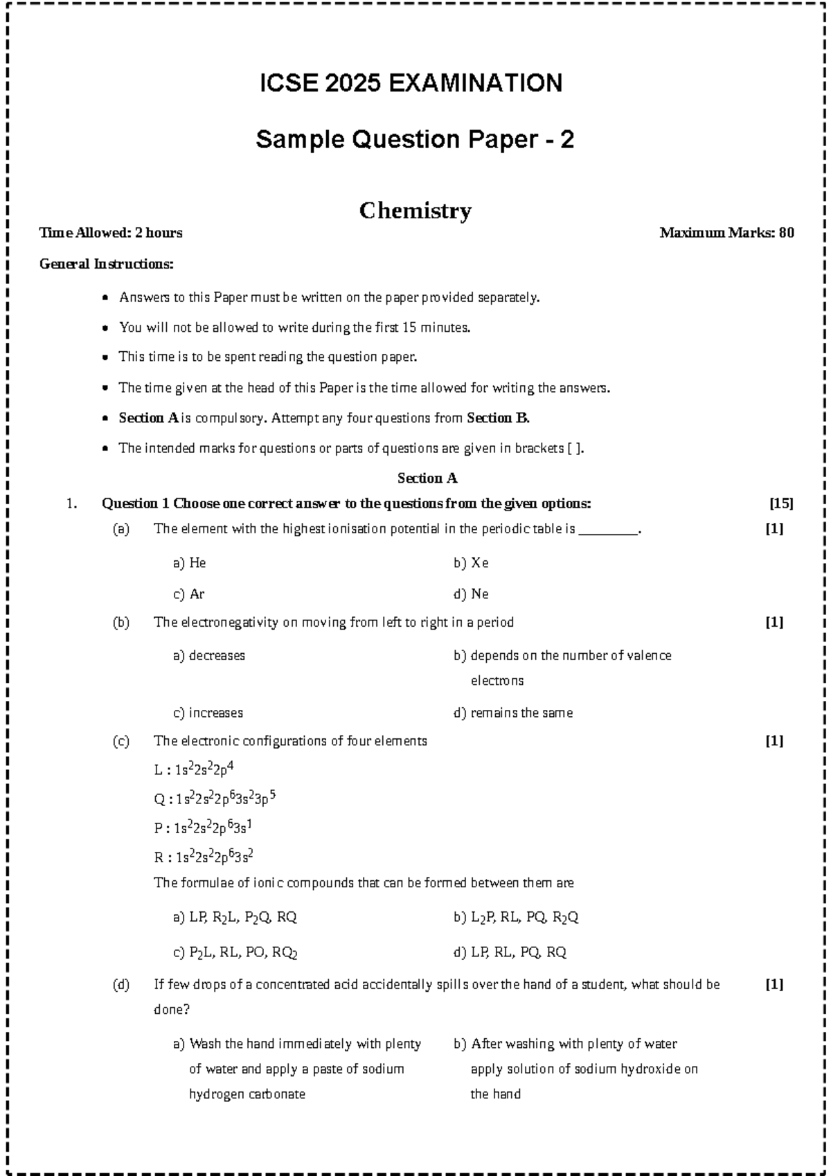 ICSE 2025 CHEMISTRY Sample Question Paper 2 - Exam Prep - Studocu