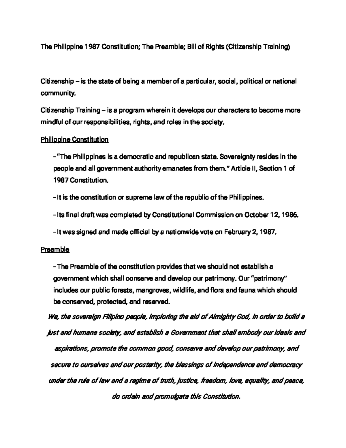 Philippine 1987 Constitution: Preamble & Bill of Rights Overview - Studocu