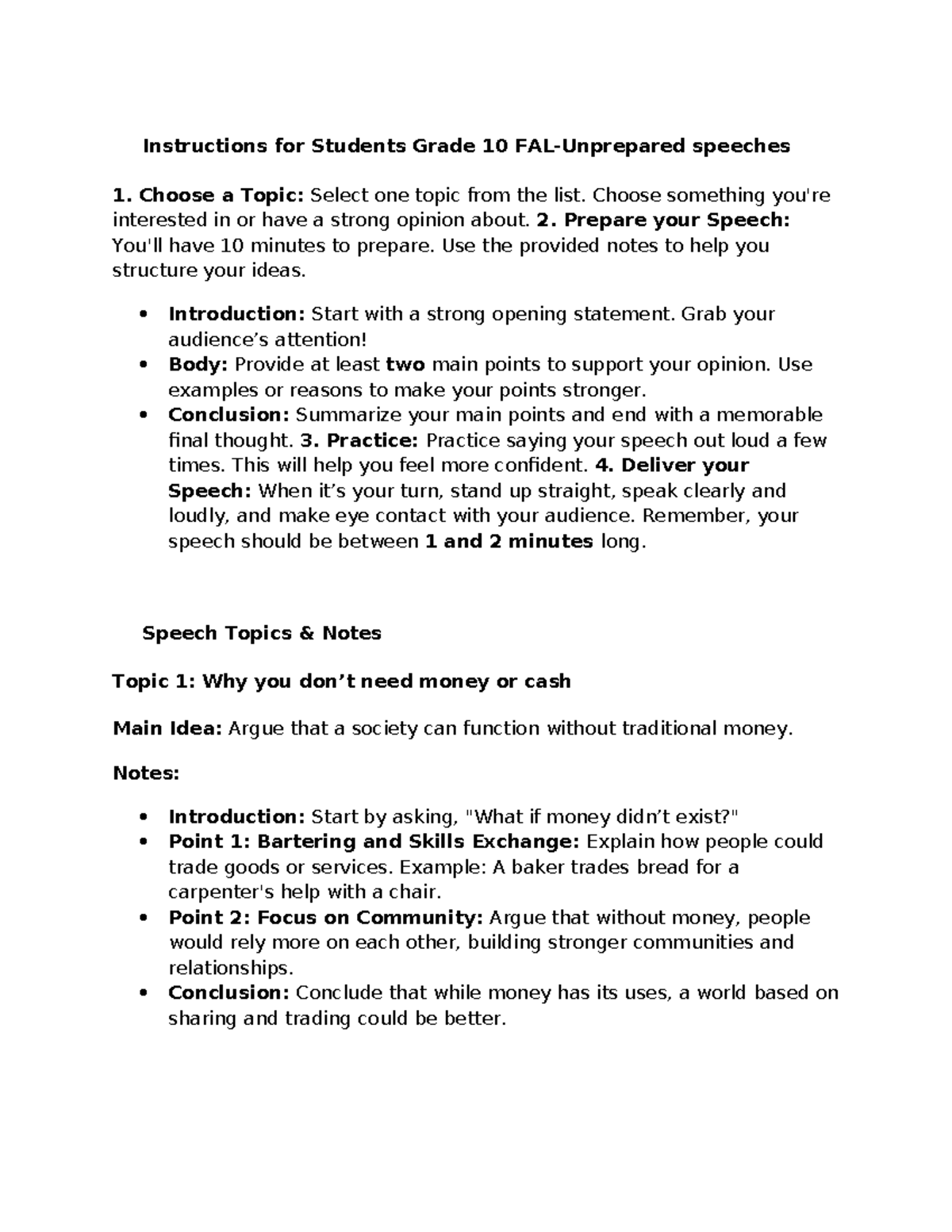 Grade 10 FAL Term 3 Unprepared Speech Guidelines and Topics - Studocu
