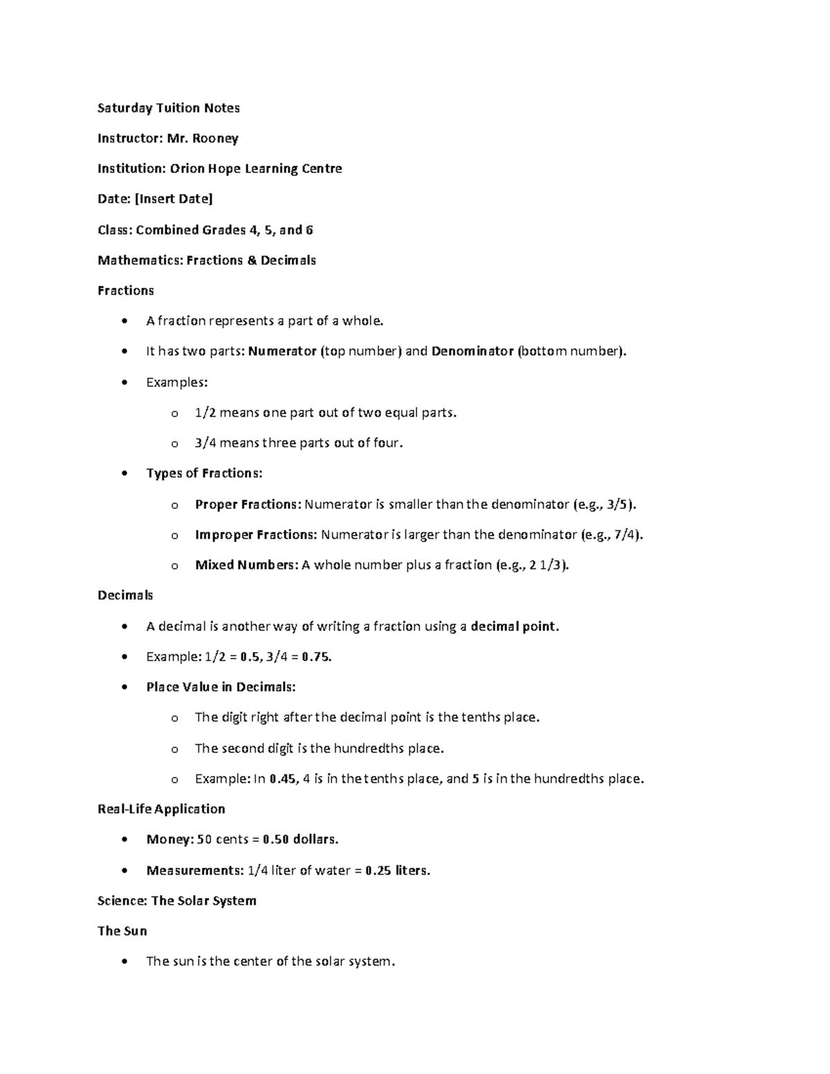 Combined Grades 4-6 Math & Science Tuition Notes - Mr. Rooney - Studocu