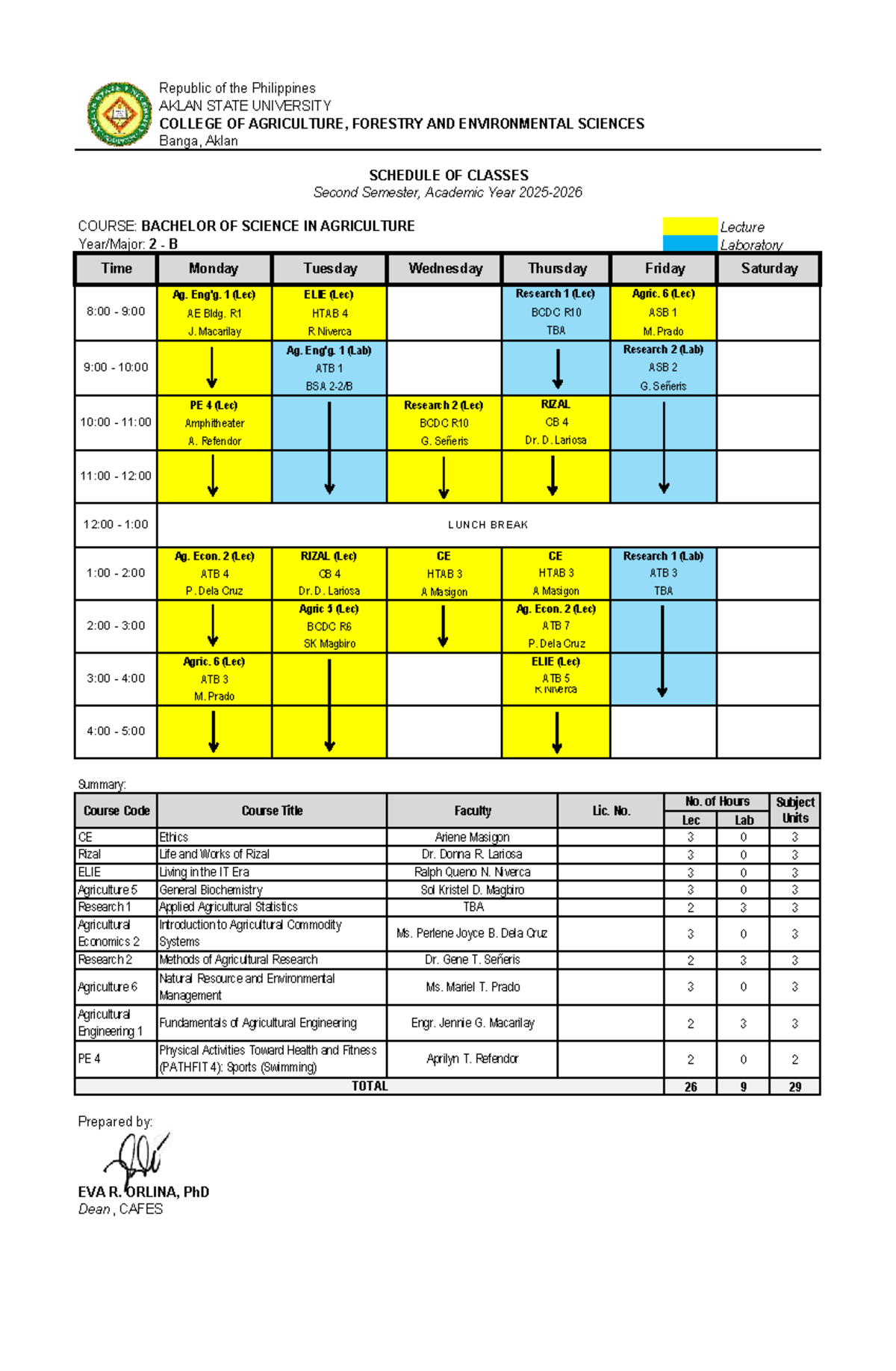 Class Schedule for BSA 2B - 2nd Semester 2025-2026 - Studocu