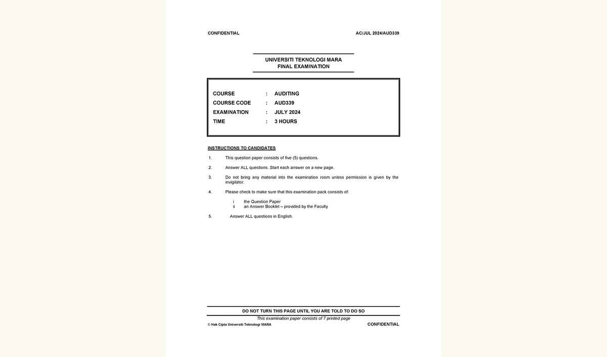 AUD339 JULY 2024 - Final Exam Questions & Notes on Auditing - Studocu