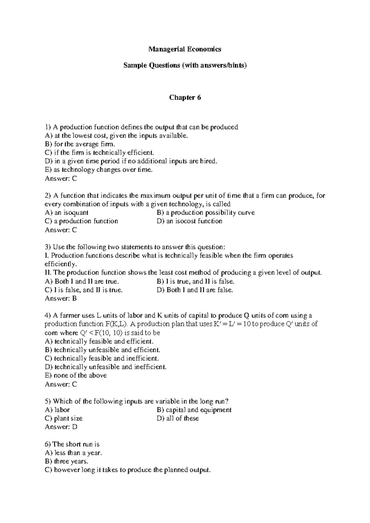 Microeconomics Quiz Questions - Chapters 6, 7, 8 (ECON101) - Studocu