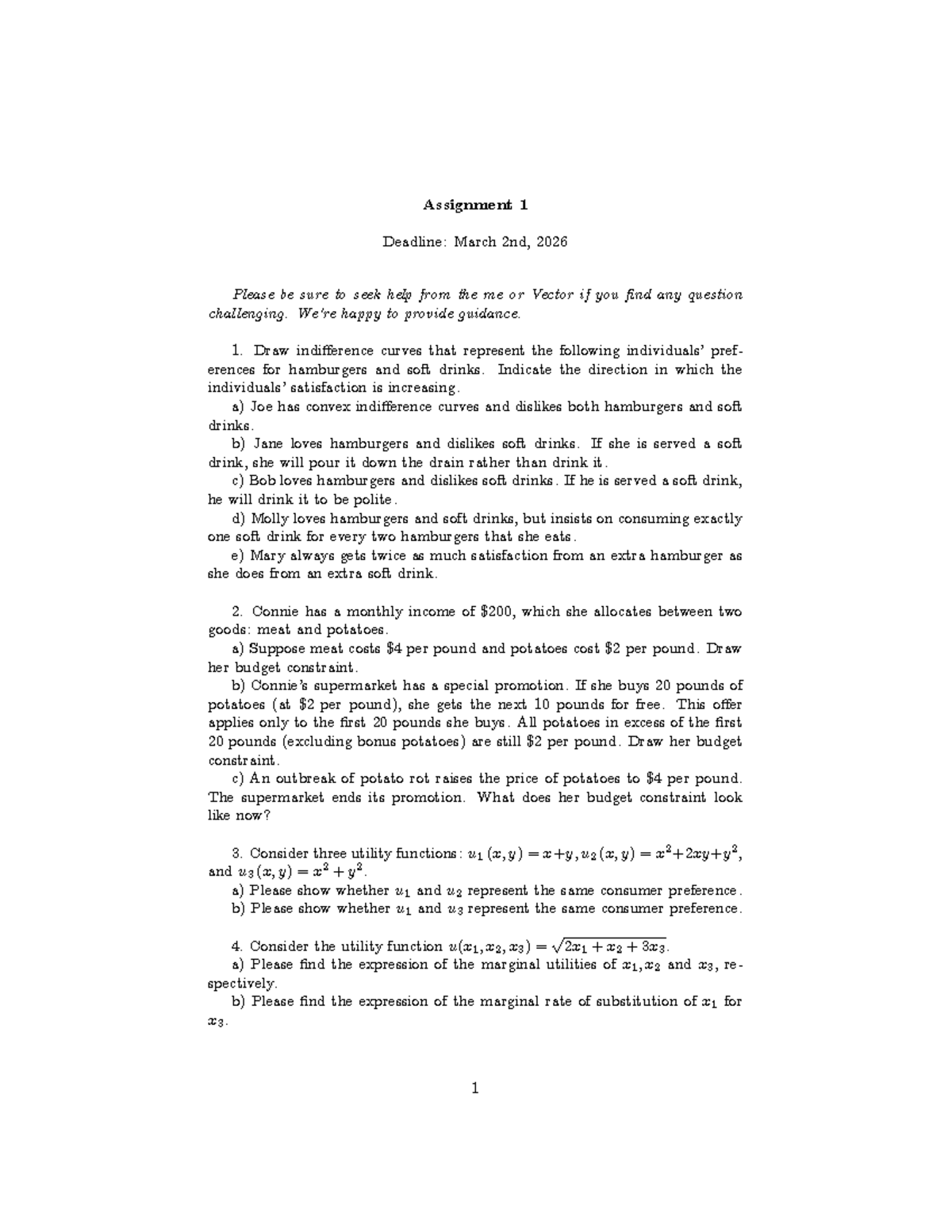 Assignment 1: Preferences and Budget Constraints Analysis - Studocu