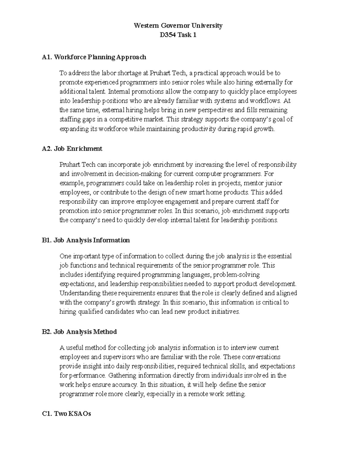 Western Governor University D354 Task 1: Workforce Planning & Job ...