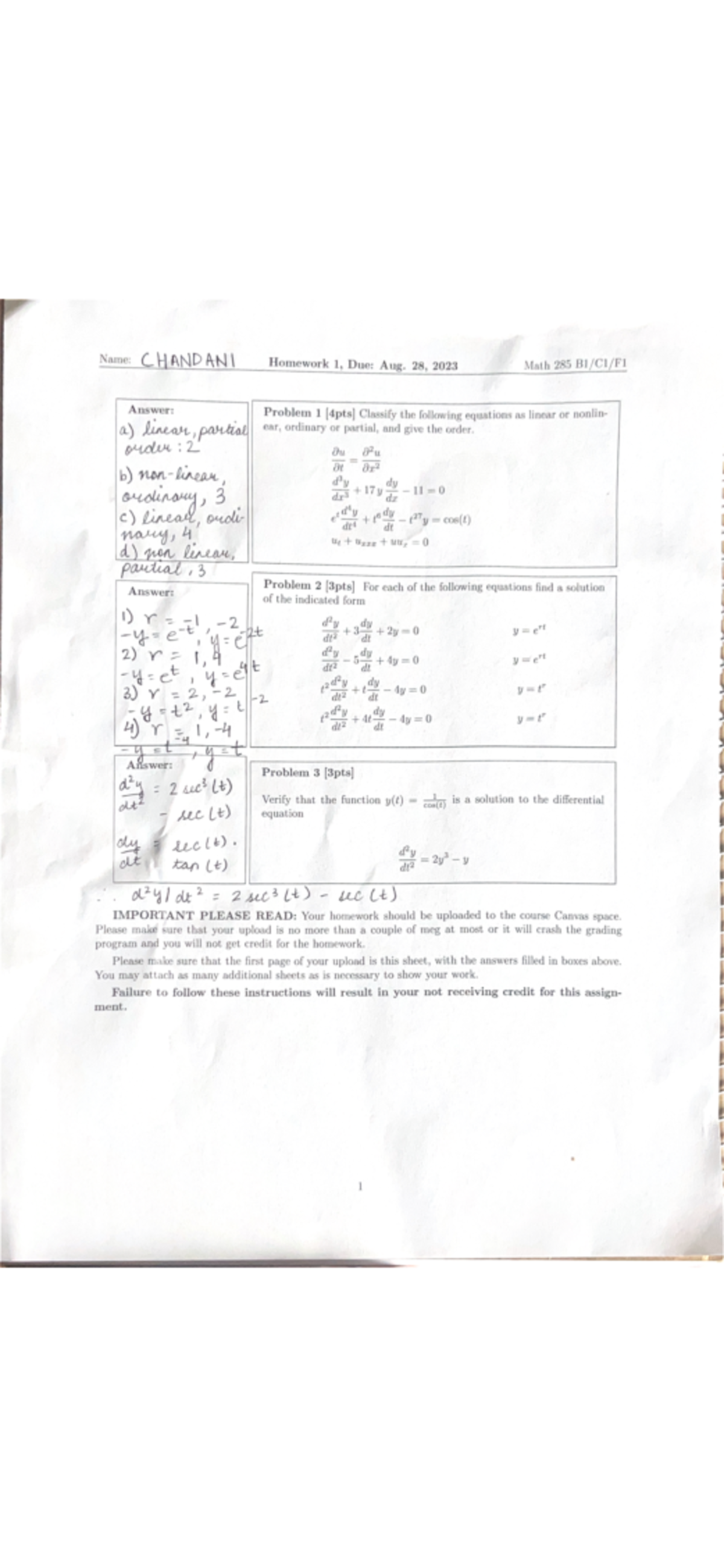MATH 285 HW1 - Homework Solutions for Math 285 - Studocu