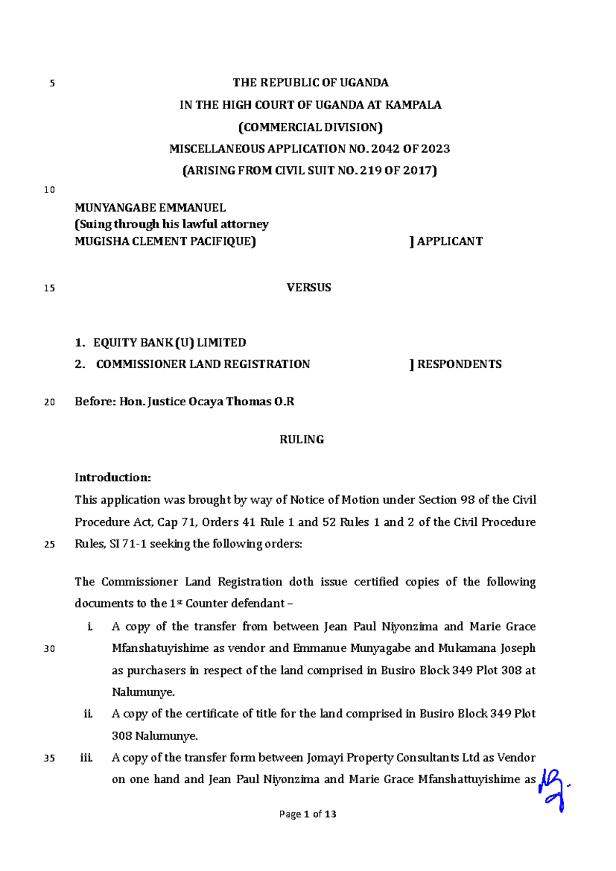 Ruling on Miscellaneous Application 2042 of 2023: Munyangabe v Equity ...