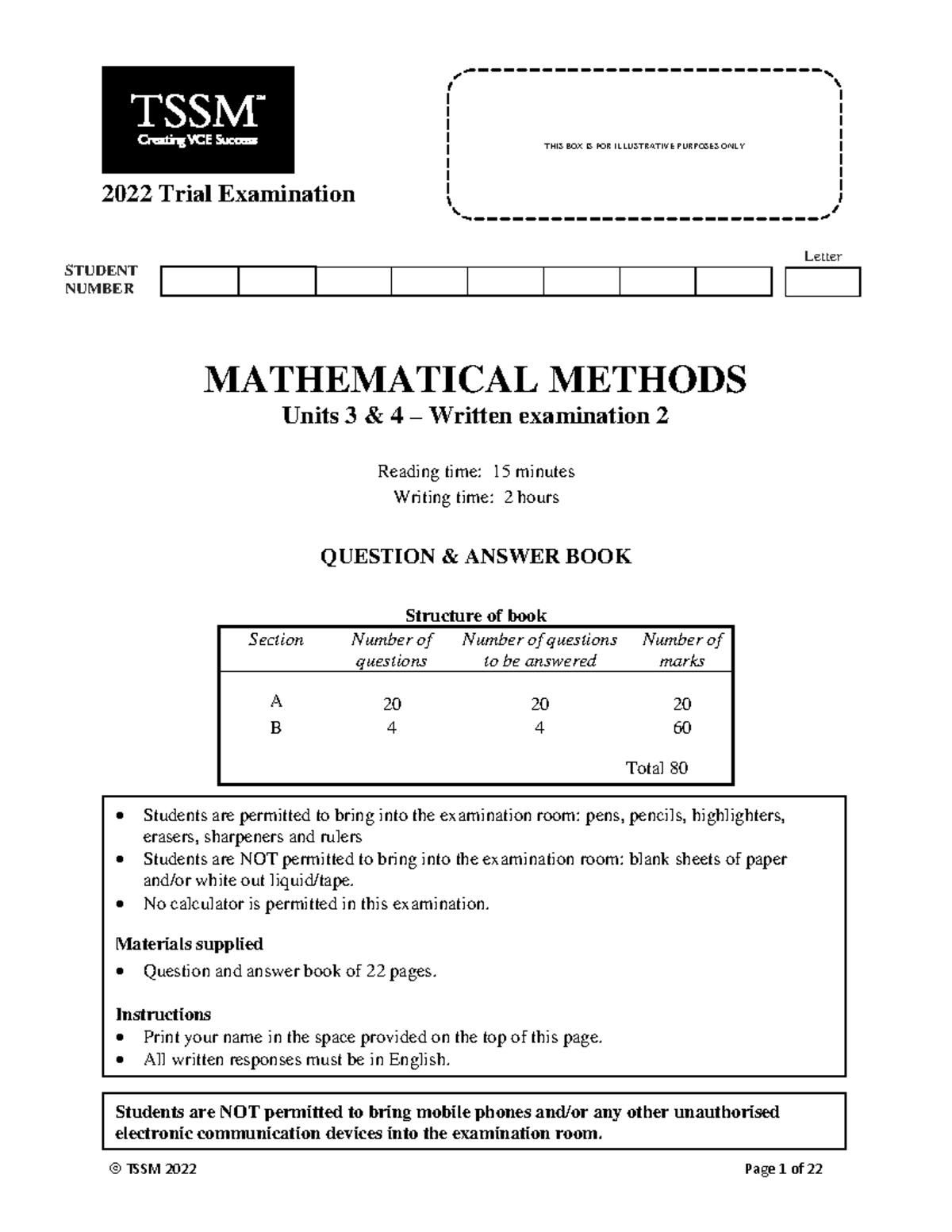 2022 TSSM Mathematical Methods Units 3 & 4 Trial Exam 2 - Studocu