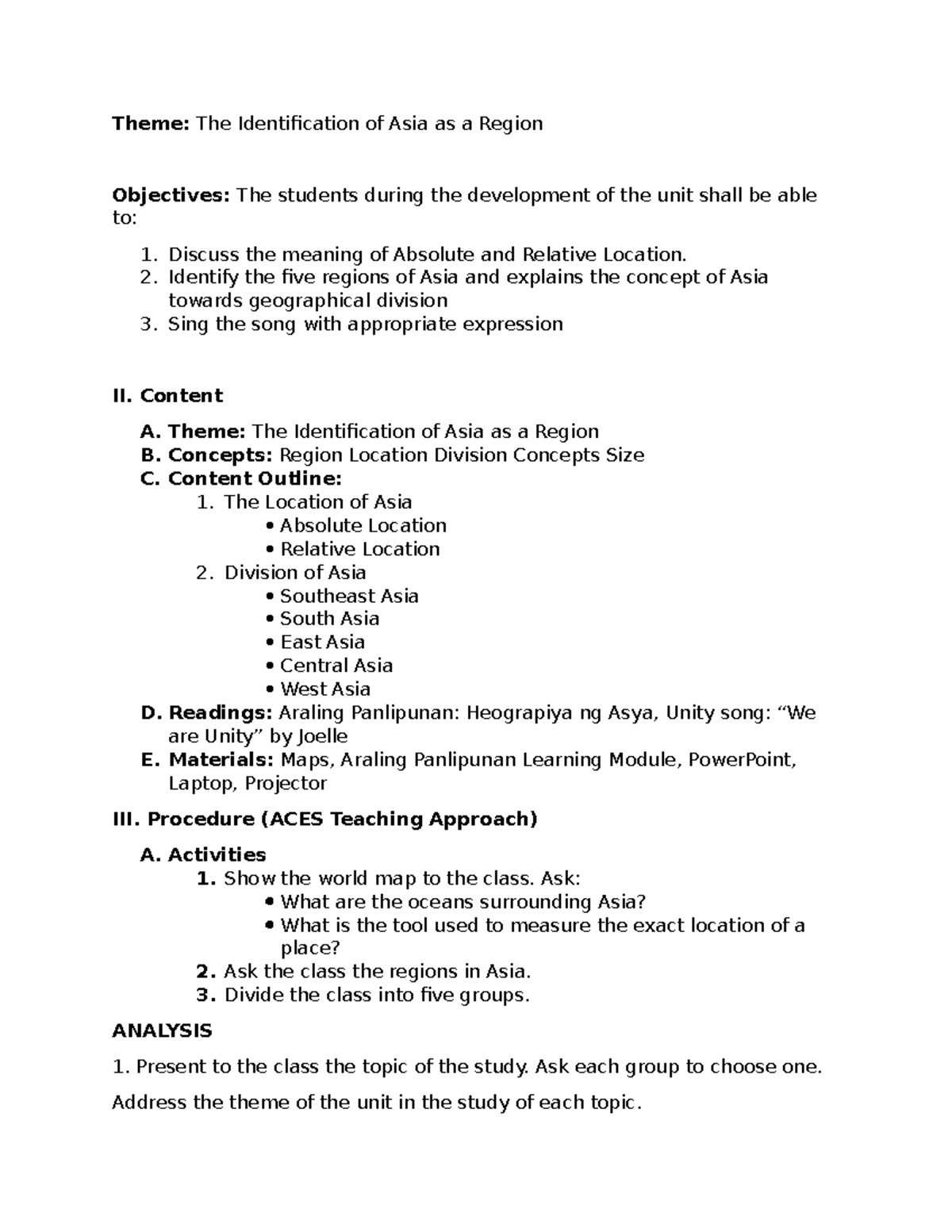 Lesson Plan Sample - Theme: The Identification of Asia as a Region ...