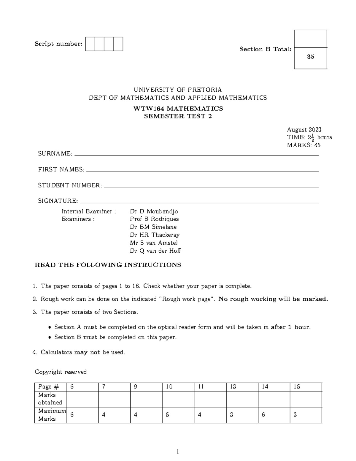 WTW164 Mathematics Semester Test 2 Final Memo - August 2023 - Studocu