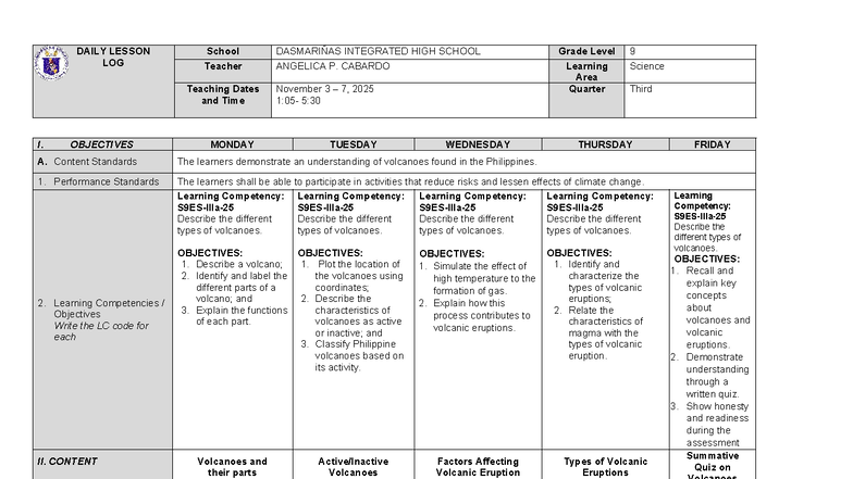 Q3 Week 1 - Daily Lesson Log for Grade 9 Science on Volcanoes - Studocu