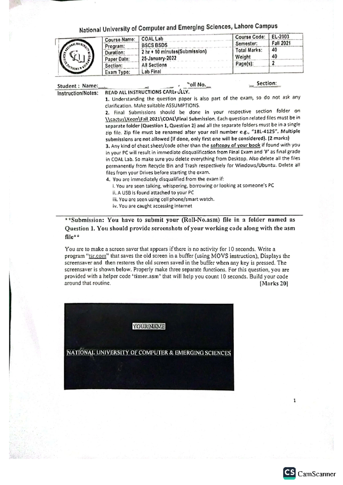 2018 Fall Final Exam: Assembly Language Program Logic - Studocu