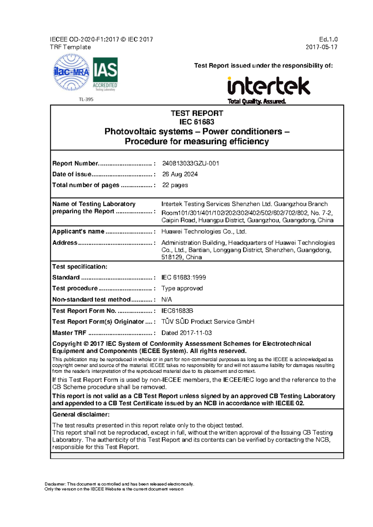 Test Report IEC 61683 for SUN2000 Inverters (50MGL0, 75MGL0, 80MGL0 ...